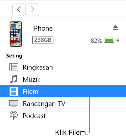 Tetingkap Peranti, dengan Filem dipilih dalam bar sisi.