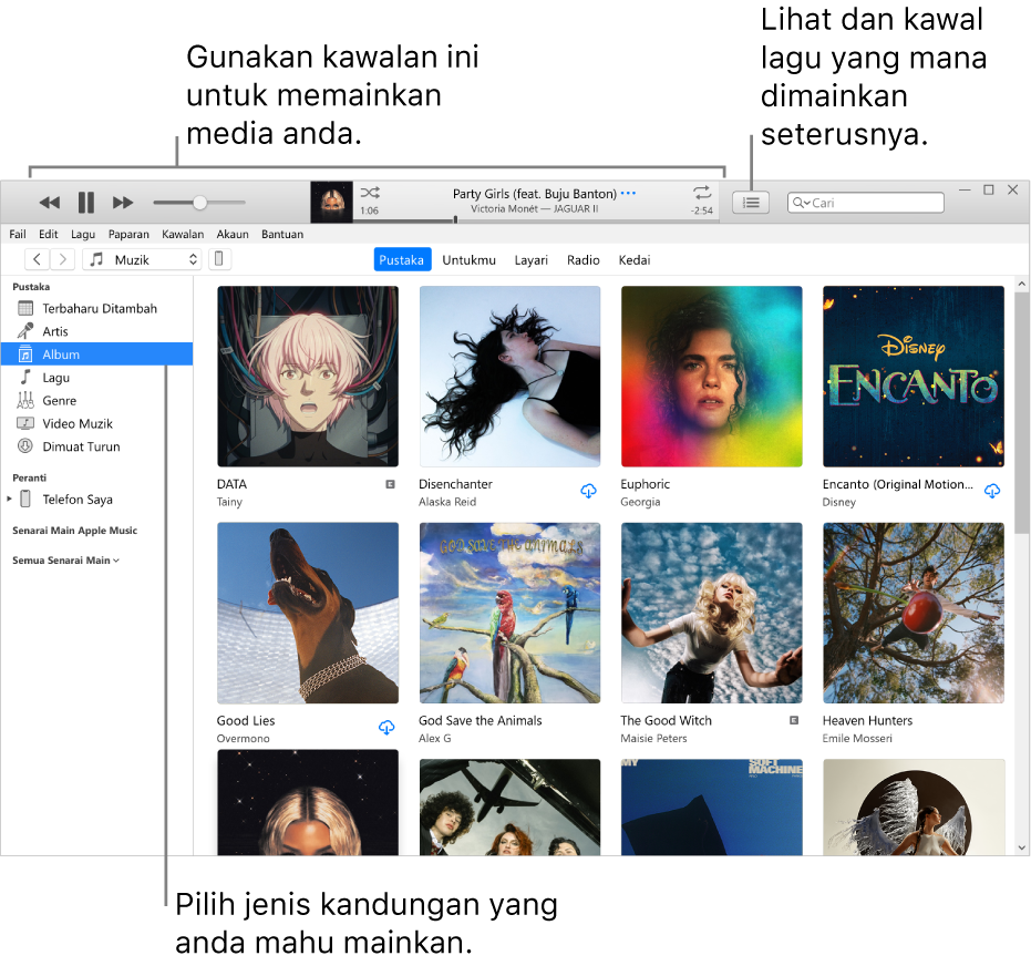 Tetingkap utama Pustaka iTunes: Dalam penavigasi, pilih jenis media untuk dimainkan (seperti Muzik). Gunakan kawalan dalam sepanduk di bahagian atas untuk memainkan media anda dan gunakan menu timbul Seterusnya di sebelah kanan untuk melihat pustaka anda dengan cara berlainan.