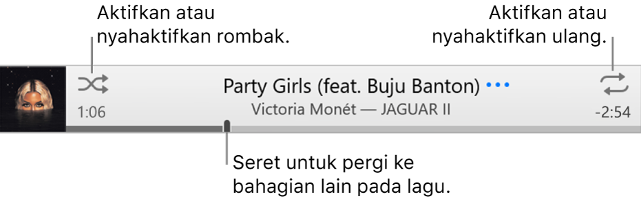 Sepanduk dengan lagu dimainkan. Butang Rombak berada di penjuru kiri bawah; butang Ulang di penjuru kanan bawah. Seret pengosok untuk pergi ke bahagian lain lagu.