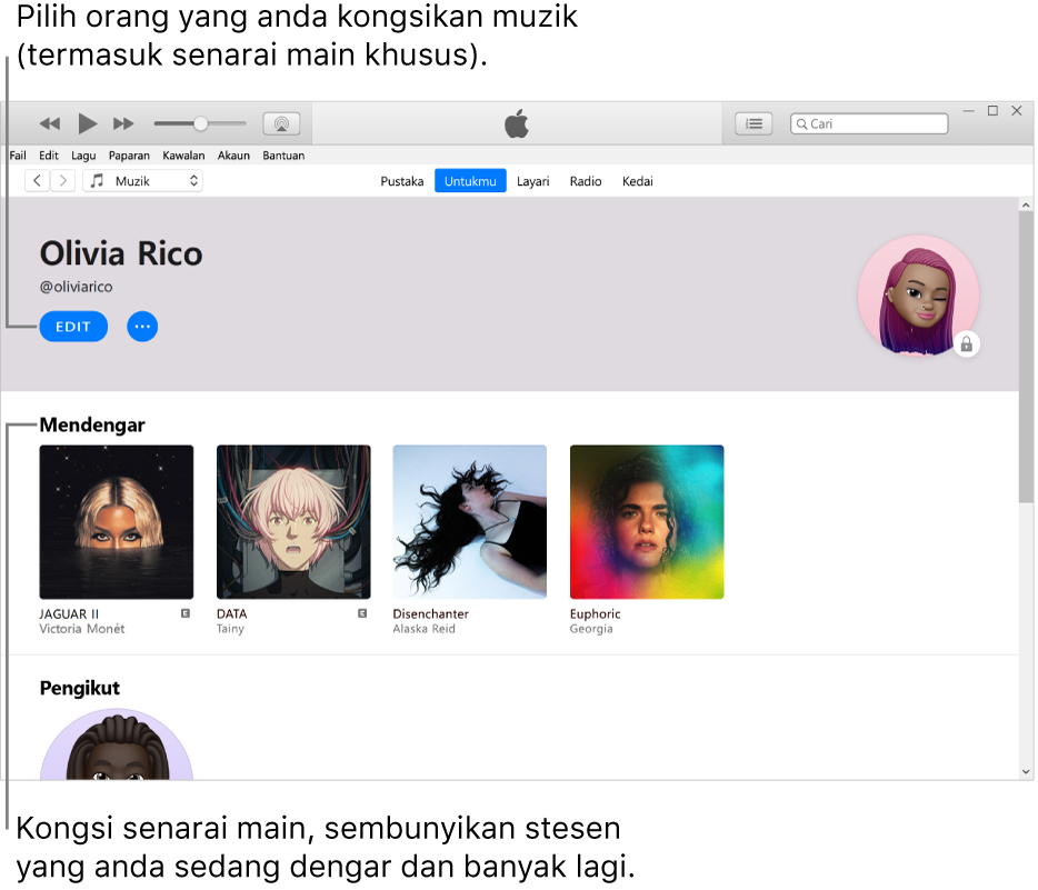 Halaman profil dalam Apple Music: Di penjuru kiri atas di bawah nama anda, klik Edit untuk memilih orang yang anda berkongsi muzik. Di bawah pengepala Mendengar Kepada ialah semua album yang anda sedang dengari dan anda boleh klik kanan item untuk menyembunyikan album yang anda sedang dengari daripada pengikut anda, berkongsi album dan banyak lagi.