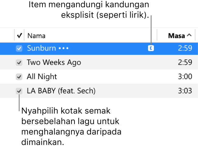 Paparan Butiran Lagu dalam muzik, menunjukkan kotak semak di sebelah kiri dan simbol eksplisit untuk lagu pertama (menunjukkan lagu mempunyai kandungan eksplisit, seperti lirik). Nyahpilih kotak semak bersebelahan lagu untuk menghalangnya daripada bermain.