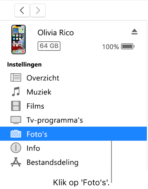 Het apparaatvenster met 'Foto's' geselecteerd in de zijbalk.