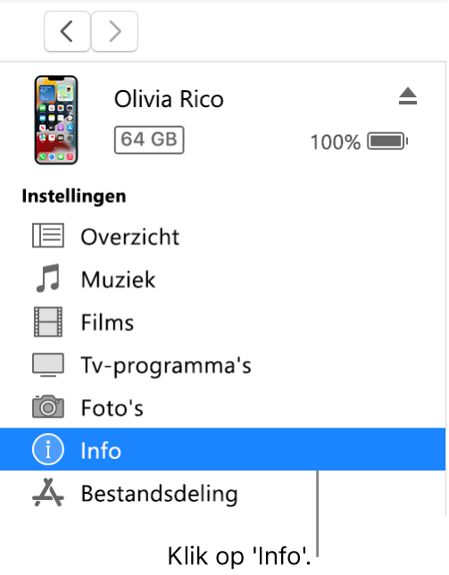 Het apparaatvenster met 'Info' geselecteerd in de zijbalk.