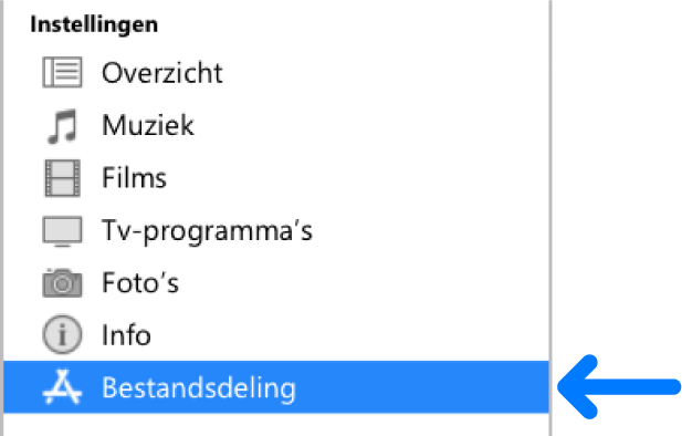 Klik in de apparaatinstellingen op 'Bestandsdeling' om bestanden tussen je computer en je mobiele apparaat te kopiëren.