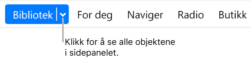 Bibliotek-knappen i navigeringslinjen som viser lokalmenyen. Klikk på den for å få tilgang til alle sidepanelobjektene når du skjuler sidepanelet.