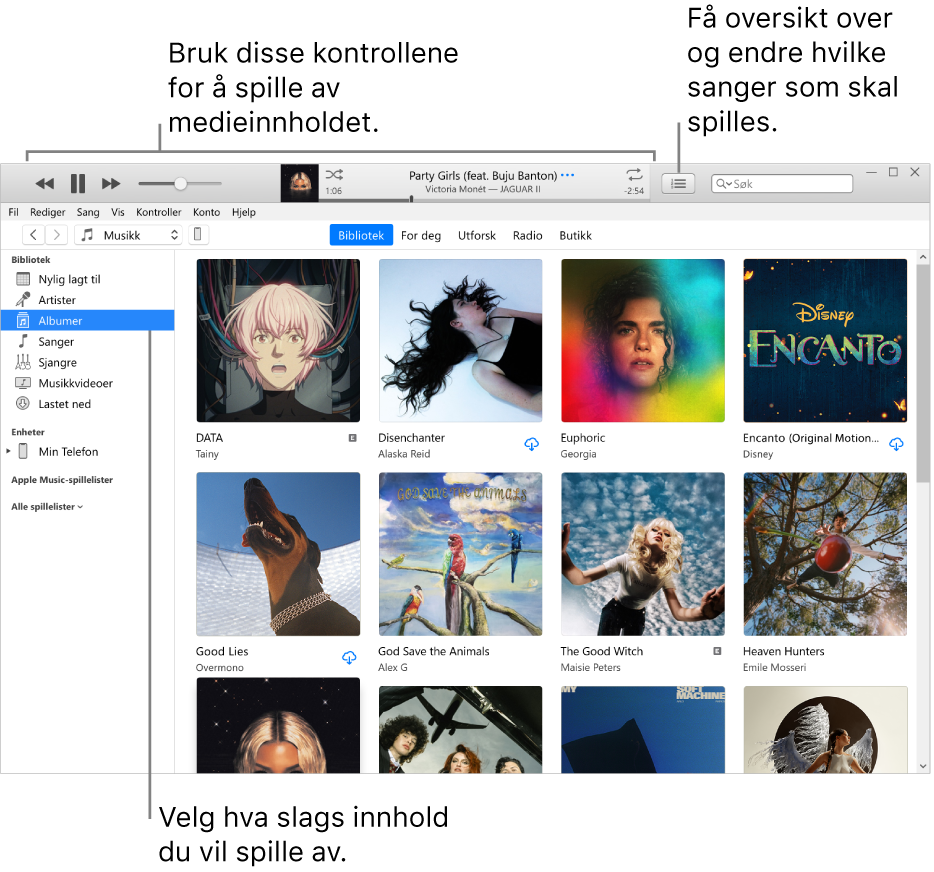 Hovedvinduet i iTunes-biblioteket: I navigeringslinjen velger du medietypen du vil spille av (for eksempel Musikk). Bruk kontrollene i banneret øverst til å spille av mediet, og bruk Neste-lokalmenyen på høyre side til å vise biblioteket på ulike måter.