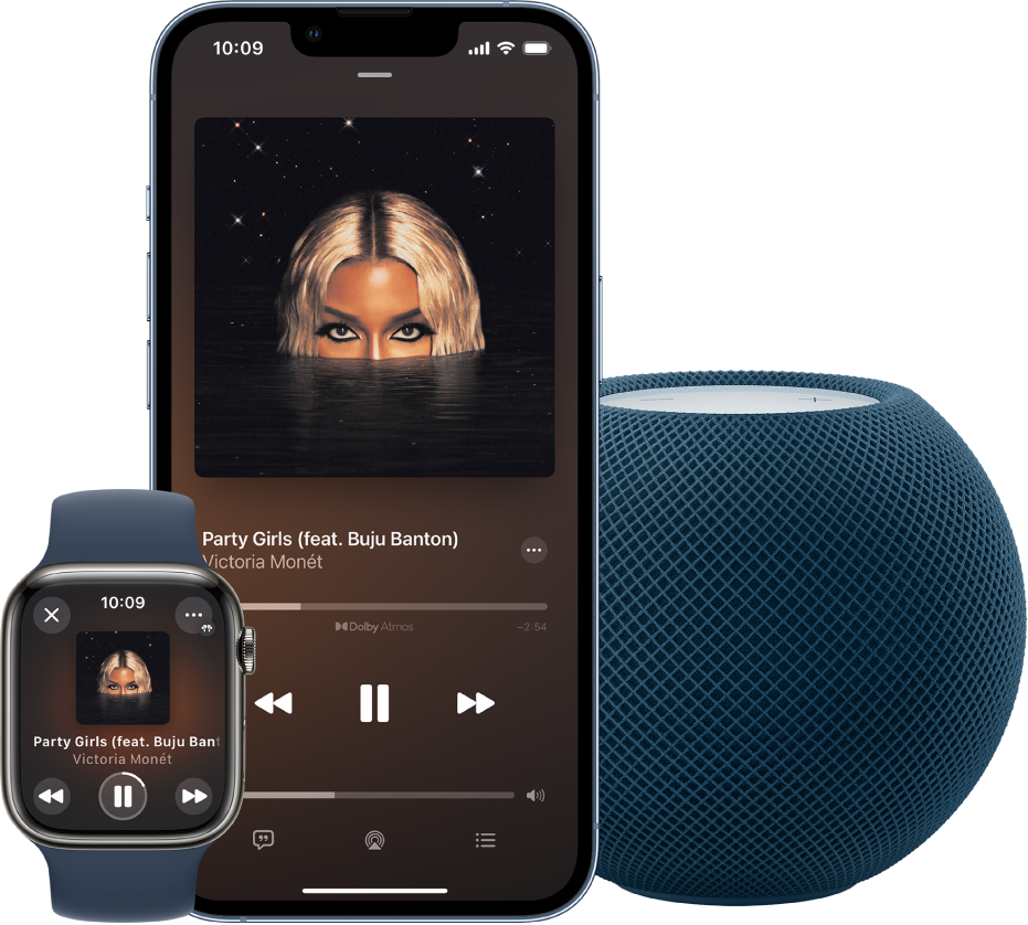 En visning av en sang på Apple Music som spilles på en Apple Watch, iPhone og HomePod mini.