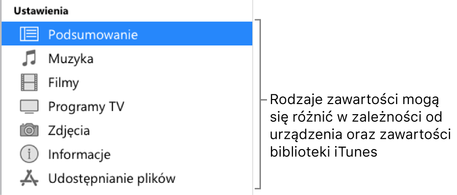 Na pasku bocznym wybrano opcję Podsumowanie. Wyświetlane typy materiałów zależą od używanego urządzenia oraz zawartości biblioteki iTunes.