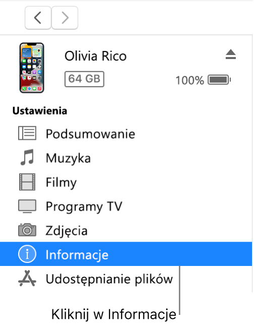 Okno Urządzenie z wybraną na pasku bocznym opcją Informacje.