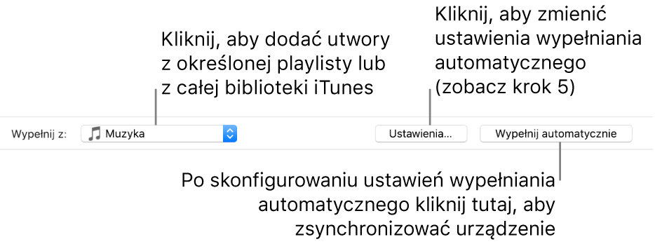 Opcje automatycznego wypełniania na dole panelu Muzyka. Po lewej znajduje się menu podręczne Wypełnij z, w którym wybierasz, czy chcesz dodawać utwory z playlisty lub z całej biblioteki. Po prawej znajdują się dwa przyciski — Ustawienia, do zmiany różnych opcji automatycznego wypełniania oraz przycisk Wypełnij automatycznie. Gdy klikniesz w Wypełnij automatycznie, Twoje urządzenie zostanie zapełnione utworami spełniającymi kryteria.