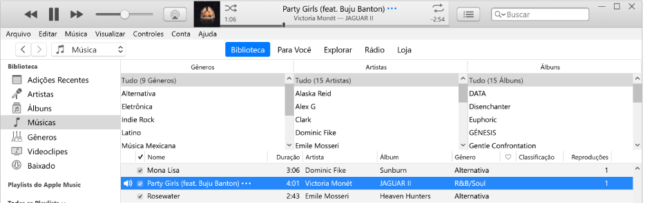 A janela principal do iTunes: O navegador por colunas está à direita da barra lateral e acima da lista de músicas.