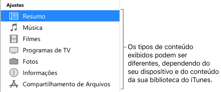 Resumo está selecionado na barra lateral. Os tipos de conteúdo que aparecem podem variar, dependendo do seu dispositivo e do conteúdo da sua biblioteca do iTunes.