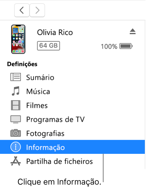 A janela “Dispositivo”, com a opção “Informação” selecionada na barra lateral.