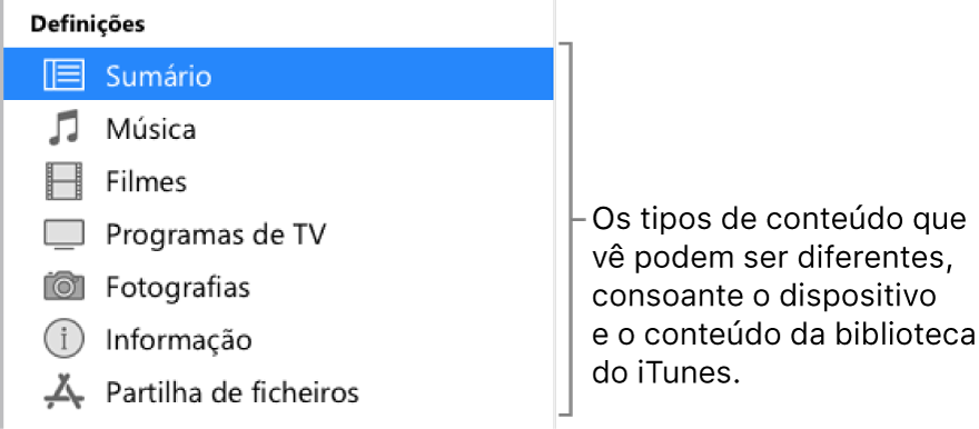 Sumário selecionado na barra lateral. Os tipos de conteúdo que aparecem variam consoante o dispositivo e o conteúdo da biblioteca do iTunes.