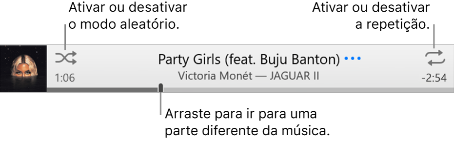 A faixa com uma música em reprodução. O botão “Modo aleatório” encontra-se no canto superior esquerdo e o botão Repetir no canto superior direito. Arraste o nivelador de deslocação para ir para uma parte diferente da música.