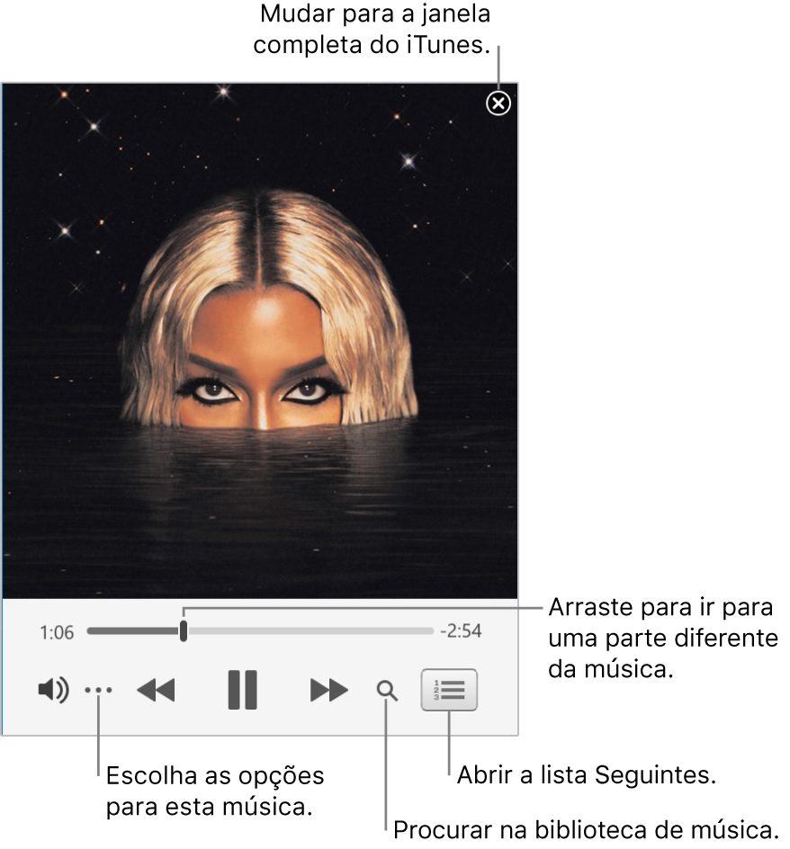 O mini-leitor expandido mostra os controlos relativos à música que está a ser reproduzida. No canto superior direito encontra-se o botão Fechar, que serve para mudar para a janela completa do iTunes. Na parte inferior da janela, existe um nivelador, que pode arrastar para ir para uma parte diferente da música. Por baixo do nivelador, do lado esquerdo, está o botão Mais, que lhe permite escolher opções relativas à música que está a ser reproduzida e também opções de visualização. Do lado direito, por baixo do nivelador, estão dois botões: a lupa, para pesquisar na biblioteca de música, e a lista Seguintes, que mostra o que vai ser reproduzido a seguir.