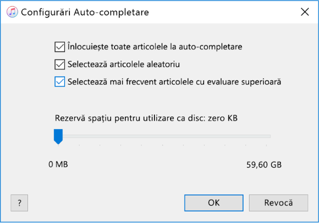 Dialog Configurări Auto-completare.