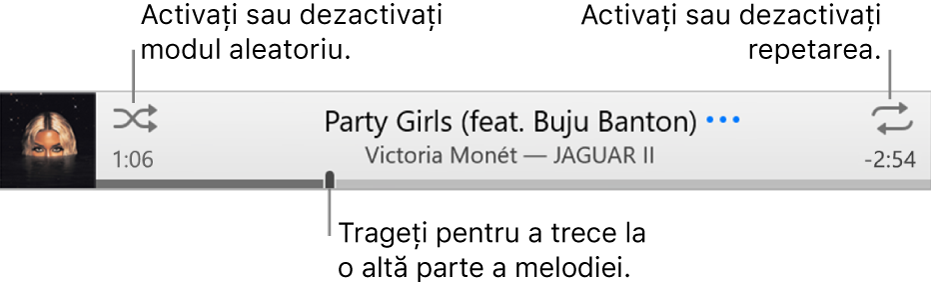 Bannerul cu o melodie în curs de redare. Butonul Mod aleatoriu este în colțul din stânga sus; butonul Repetare este în colțul din dreapta sus. Trageți cursorul de redare pentru a trece la o altă parte a melodiei.