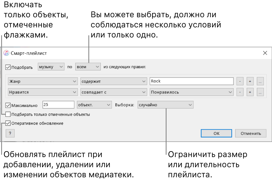 Окно смарт-плейлиста. В левом верхнем углу выберите «Подобрать» и укажите критерии для данного плейлиста (например, жанр или любимые). Продолжайте добавлять или удалять правила; если правил больше одного, укажите, должны ли выполняться любые условия или все условия. В нижней части окна можно выбрать такие параметры, как ограничение размера или длительности плейлиста, включение в него только отмеченных песен и обновление плейлиста приложением iTunes по мере изменения объектов, составляющих Вашу медиатеку.