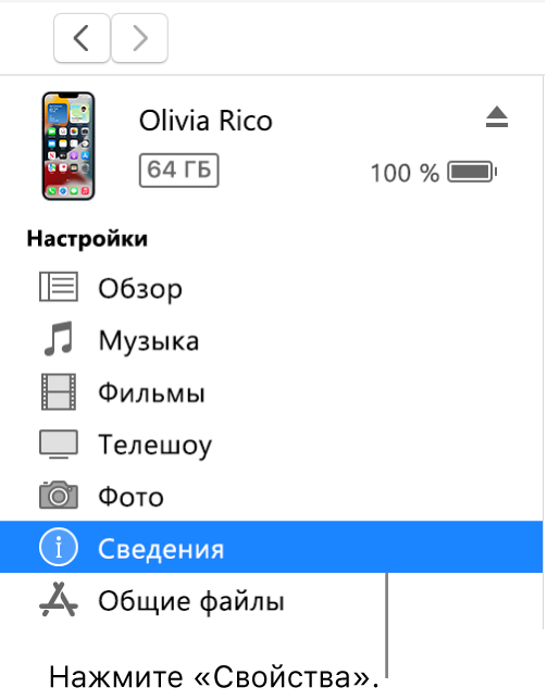 Окно устройства. В боковом меню выбран раздел «Сведения».