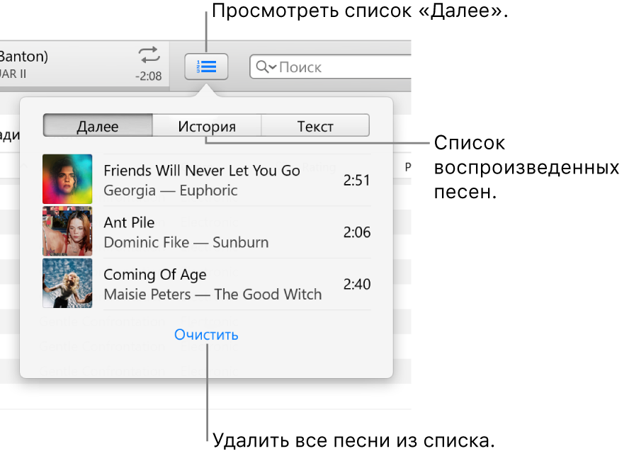 Кнопка «Далее» в баннере со списком «Далее». Вы можете нажать кнопку «История», в которой находится список «Ранее исполненные». Ссылка «Очистить» в нижней части списка «Далее» предназначена для удаления всех песен из списка.
