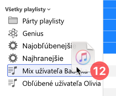 Album presúvaný do playlistu. Playlist je zvýraznený modrým trojuholníkom.