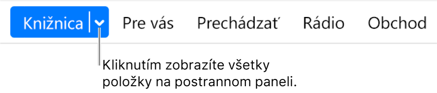 Tlačidlo Knižnica v navigačnom paneli znázorňujúce vyskakovacie menu. Keď je postranný panel skrytý, po kliknutí na tlačidlo získate prístup ku všetkým položkám postranného panela.