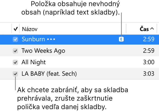 Detail zobrazenia Skladby v hudbe, pričom sa zobrazujú zaškrtávacie políčka na ľavej strane a symbol nevhodného obsahu pre prvú skladbu (označuje, že má nevhodný obsah, ako napríklad text skladby). Ak chcete zabrániť, aby sa skladba prehrávala, zrušte zaškrtnutie polička vedľa danej skladby.