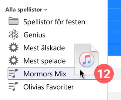 Ett album som dras till en spellista. En spellista markeras med en blå rektangel.