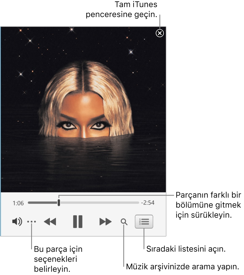 Çalmakta olan parçanın denetimlerini gösteren genişletilmiş Mini Çalar. Sağ üst köşede, tam iTunes penceresine geçmek için kullanabileceğiniz kapat düğmesi bulunur. Pencerenin alt kısmında ise sürükleyerek parçanın farklı bölümlerine geçmenizi sağlayan bir sürgü bulunur. Sol taraftaki sürgünün altında, çalmakta olan parça için görüntü seçeneklerini ve diğer seçenekleri seçebileceğiniz Daha Fazla düğmesi var. Sürgünün altında en sağda, müzik arşivinde arama yapmak için büyüteç ve sıradaki parçayı görmek için Sıradaki listesi olmak üzere iki düğme yer alır.