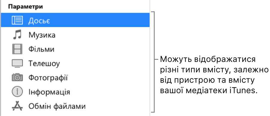 Вибраний на бічній панелі розділ «Досьє». Тип вмісту, який відображається, залежить від вашого пристрою та вмісту медіатеки iTunes.