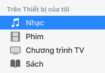 Phần Trên Thiết bị của tôi của thanh bên đang hiển thị Nhạc được chọn.