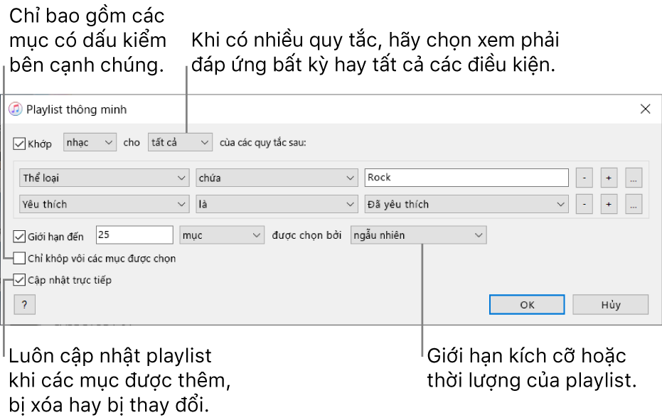 Cửa sổ Playlist thông minh: Ở góc trên bên trái, hãy chọn Match, sau đó chỉ định tiêu chí của playlist (chẳng hạn như thể loại hoặc yêu thích). Tiếp tục để thêm hoặc xóa các quy tắc; khi có nhiều quy tắc, hãy chọn xem phải đáp ứng bất kỳ hay tất cả các điều kiện. Chọn các tùy chọn khác ở phần dưới của cửa sổ chẳng hạn như giới hạn kích cỡ hoặc thời lượng của playlist, chỉ bao gồm những bài hát được chọn hoặc yêu cầu iTunes cập nhật playlist khi các mục trong thư viện của bạn thay đổi.