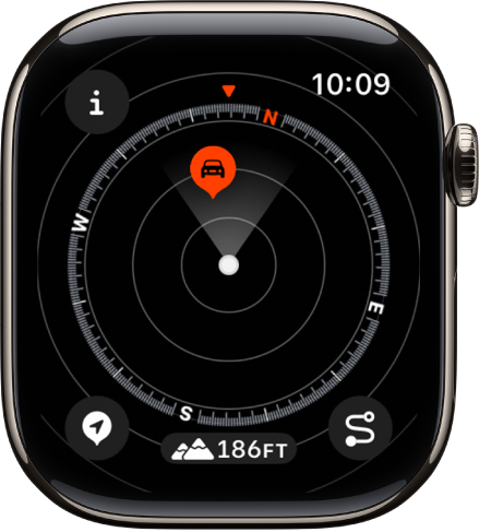 The Compass app showing a waypoint within a dial. The Info button is at the top left, the Waypoints button is at the bottom left, the Elevation button is at the middle bottom, and the Backtrack button is at the bottom right.