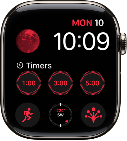 Modular watch face showing the date and time at the top right, and six complications: Earth at the top left, Timers in the middle, and Workout, Compass, and State of Mind along the bottom.