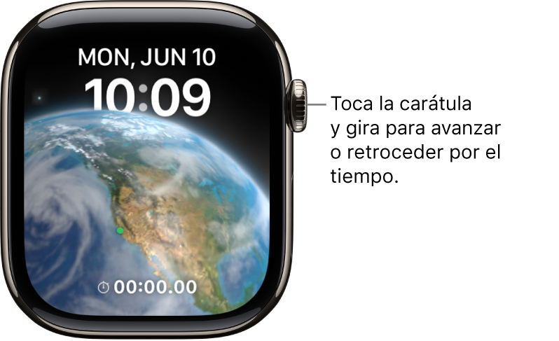 La carátula Astronomía muestra el día, la fecha y la hora actual. Hay una complicación Temporizador en la parte inferior. Toca la carátula y gira la Digital Crown para avanzar o retroceder el tiempo.