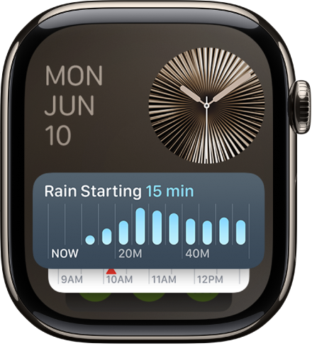 El grupo inteligente del Apple Watch con el widget de Temporizador en frente y dos widgets detrás.