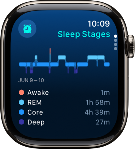 L’app Sommeil affichant une estimation du temps passé éveillé et de la durée des phases de sommeil paradoxal, lent et profond.