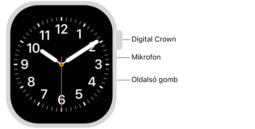 Az Apple Watch Series 10 modell előlapja az óraszámlapot tartalmazó kijelzővel, valamint a Watch oldalán felülről lefelé a Digital Crownnal, a mikrofonnal és az oldalsó gombbal.