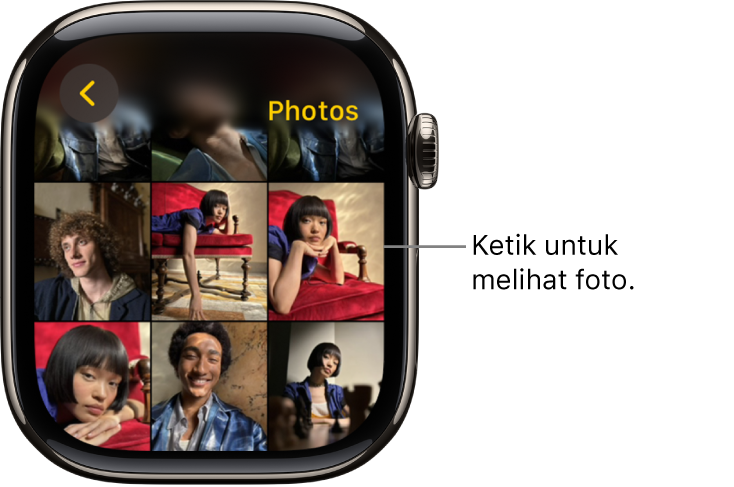 Skrin utama app Foto pada Apple Watch, dengan beberapa foto dipaparkan dalam grid.