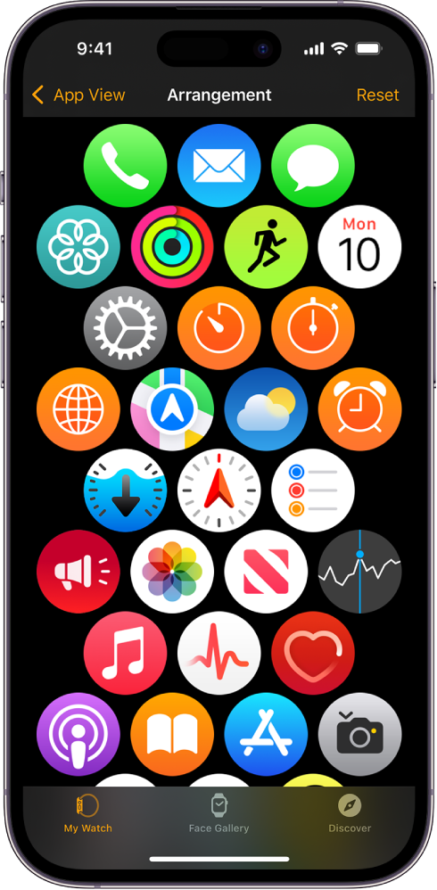 Het scherm 'Rangschikking' in de Apple Watch-app toont een raster met apps.