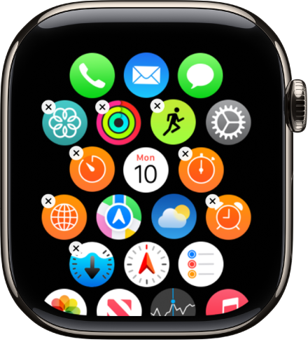 Het scherm 'Rangschikking' in de Apple Watch-app toont een raster met apps.