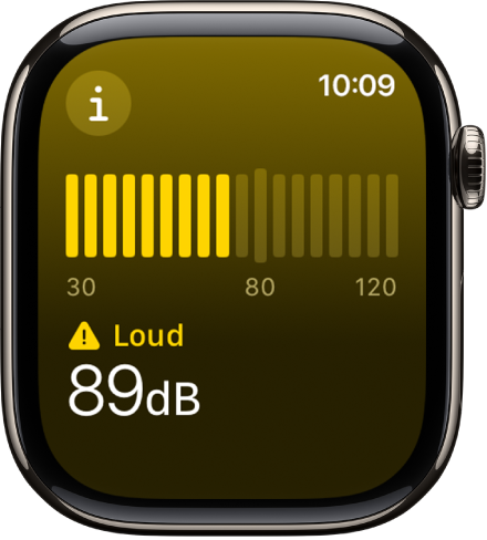 De Geluid-app waarop een geluidsmeter en een geluidsniveau van 89 decibel te zien zijn, met daarboven het woord 'Luid'.