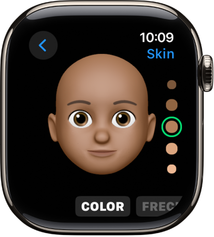 Aplikacja Memoji na Apple Watch, wyświetlająca ekran edycji nosa. Widoczne jest zbliżenie na twarz, koncentrujące się na nosie. Na dole znajduje się etykieta Kolor.