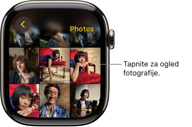 Glavni zaslon aplikacije Fotografije v uri Apple Watch, ki prikazuje več fotografij, prikazanih v mreži.