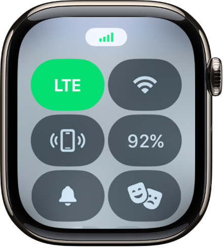 Kontrollcenter på Apple Watch visar mobilnät påslaget och knappar för Wi-Fi, pinga iPhone, batteri, tyst läge och bioläge.