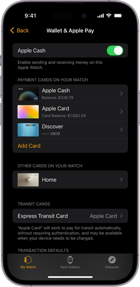 หน้าจอ iPhone ที่แสดงการตั้งค่ากระเป๋าสตางค์และ Apple Pay ในแอป Apple Watch