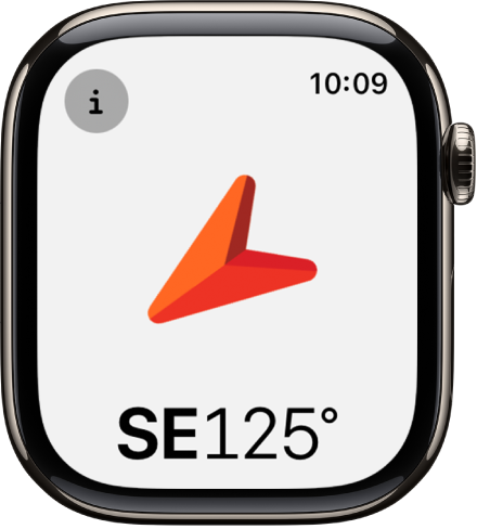 แอปเข็มทิศที่แสดงลูกศรขนาดใหญ่ที่ชี้ไปทางทิศทางที่แสดงด้านล่าง ปุ่มข้อมูลอยู่ที่ด้านซ้ายบนสุด