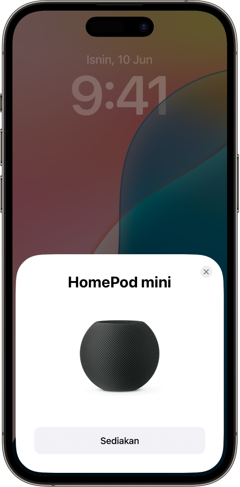 Skrin persediaan kelihatan apabila anda memegang iPhone atau iPad anda berdekatan HomePod.