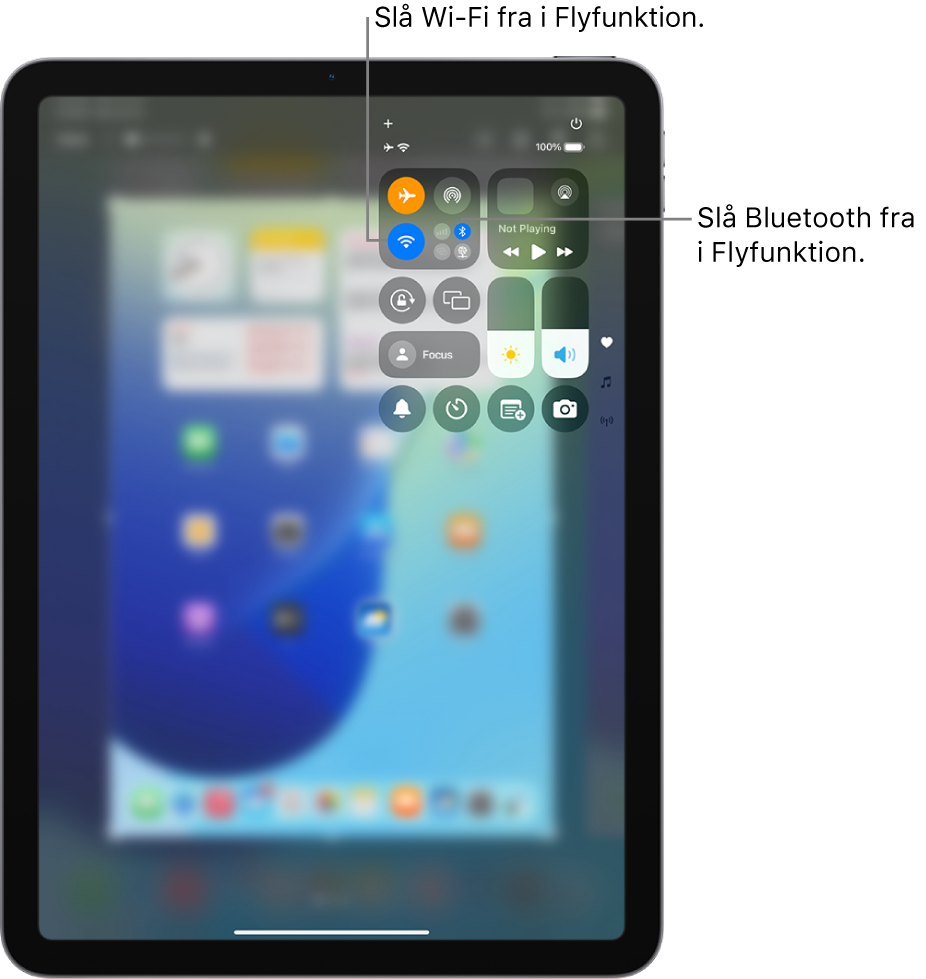 Kontrolcenter på iPad, som viser Flyfunktion slået til. Knapperne, der bruges til at slå Wi-Fi og Bluetooth fra, findes i øverste venstre hjørne af Kontrolcenter. Tryk på symbolet for Bluetooth for at slå Bluetooth fra i Flyfunktion. Tryk på symbolet for Wi-Fi for at slå Wi-Fi fra i Flyfunktion.